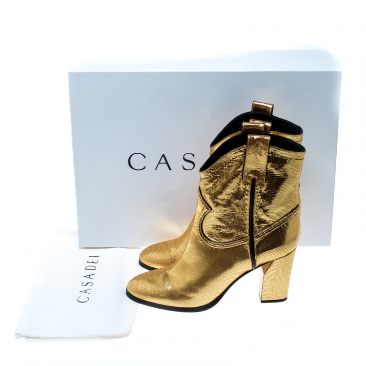 مملوكة مسبقًا Casadei Metallic Gold Embossed Lizard Leather Cowboy Boots Size 40