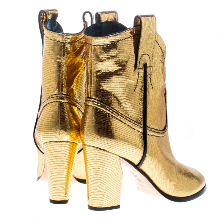 Pre Owned Casadei Metallic Gold Embossed Lizard Leather Cowboy Boots Size 38.5