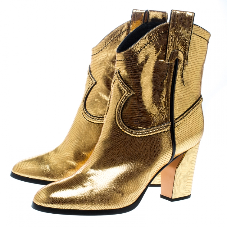 Pre Owned Casadei Metallic Gold Embossed Lizard Leather Cowboy Boots Size 38.5