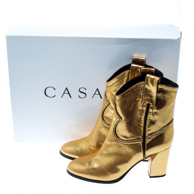 Pre Owned Casadei Metallic Gold Embossed Lizard Leather Cowboy Boots Size 38.5