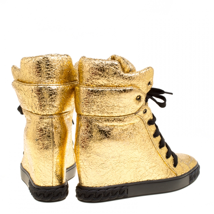 Pre Owned Casadei Gold Metallic Crackled Leather High Top Sneakers Size 39
