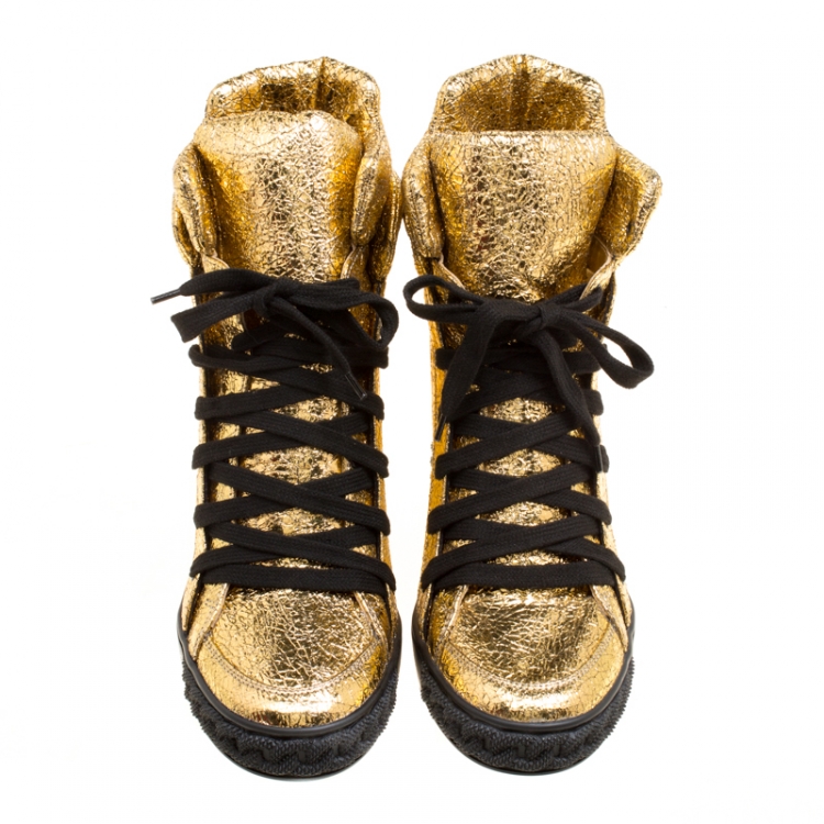 Pre Owned Casadei Gold Metallic Crackled Leather High Top Sneakers Size 39