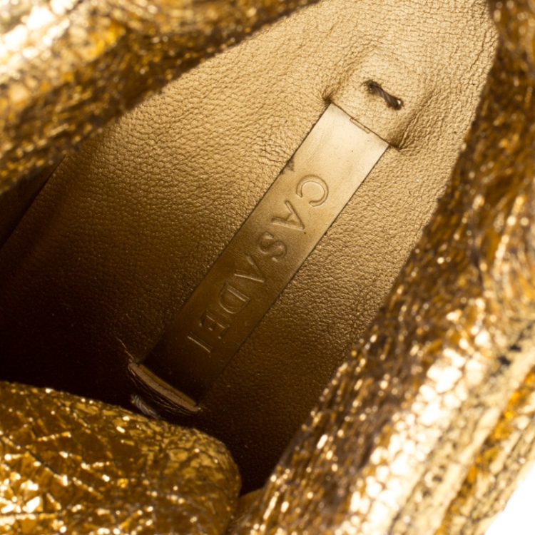 Pre Owned Casadei Gold Metallic Crackled Leather High Top Sneakers Size 39