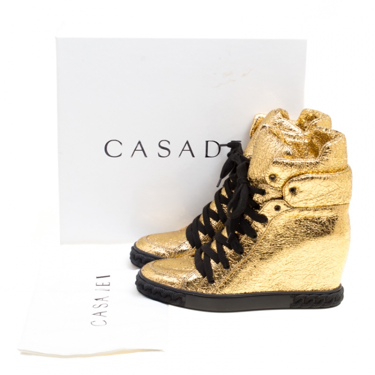 Pre Owned Casadei Gold Metallic Crackled Leather High Top Sneakers Size 39