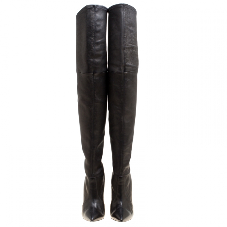 Pre Owned Casadei Black Leather Blade Over The Knee Pointed Toe Boots Size 37