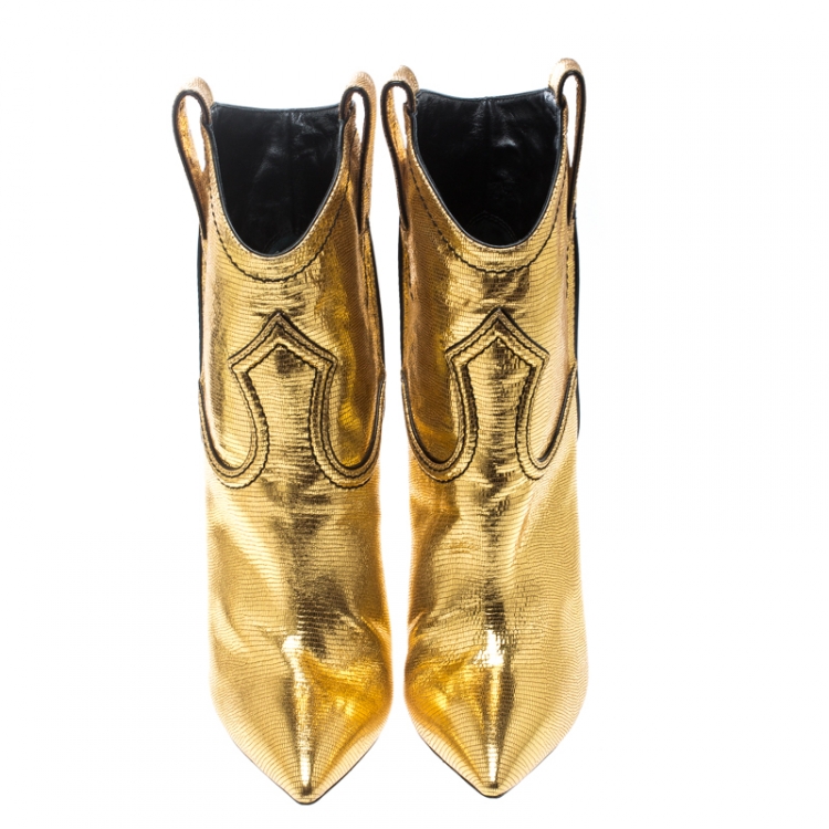 Pre Owned Casadei Metallic Gold Embossed Lizard Leather Stiletto Heel Cowboy Boots Size 40
