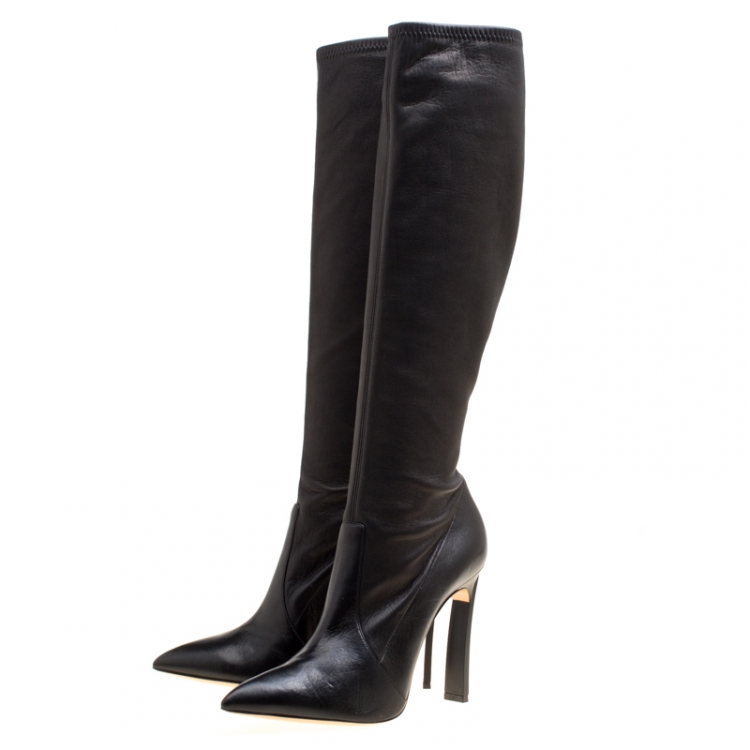 Pre Owned Casadei Black Leather Pointed Toe Knee Length Boots Size 41
