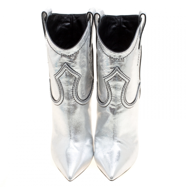 مملوكة مسبقًا Casadei Metallic Silver Embossed Lizard Leather Stiletto Heel Cowboy Boots Size 40