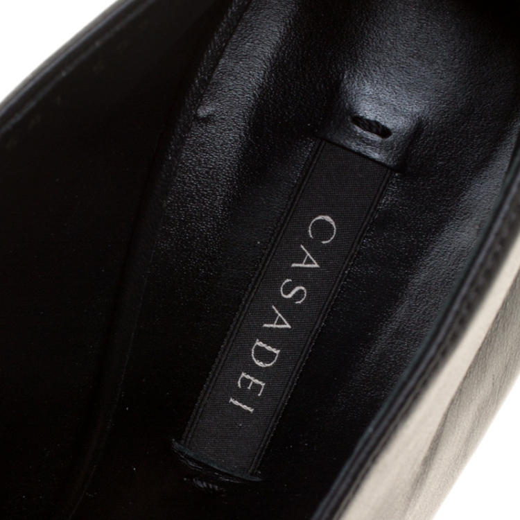 Pre Owned Casadei Black Leather V Neck Metal Cap Toe Platform Booties Size 38