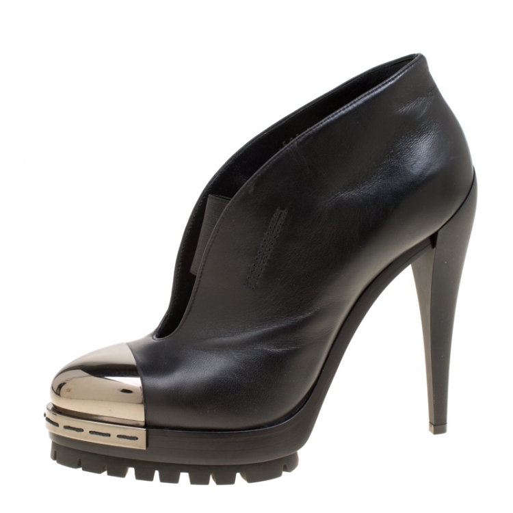 Pre Owned Casadei Black Leather V Neck Metal Cap Toe Platform Booties Size 38