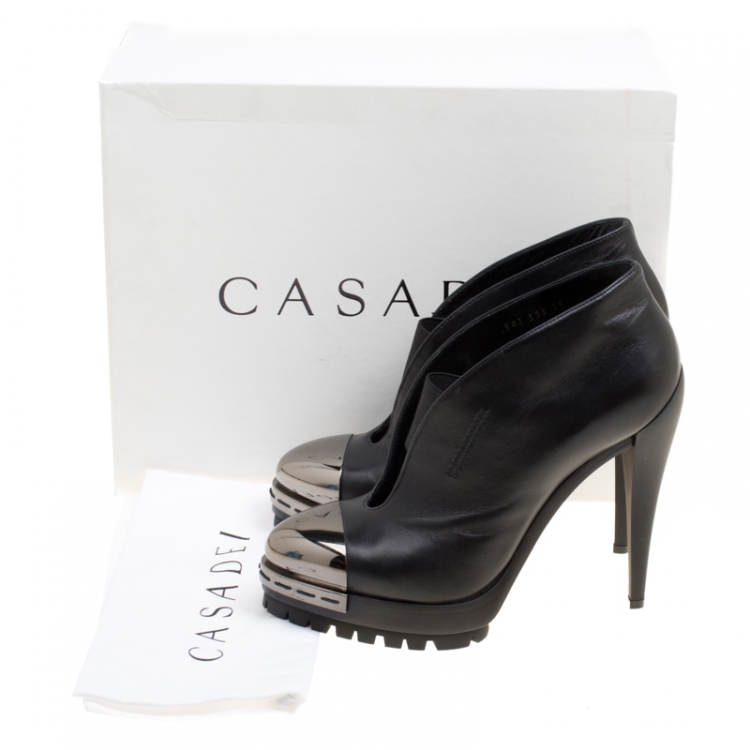 Pre Owned Casadei Black Leather V Neck Metal Cap Toe Platform Booties Size 38