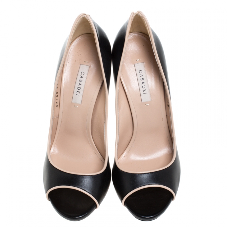 Pre Owned Casadei Black Leather Peep Toe Pumps Size 39
