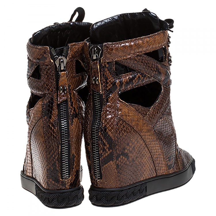 Pre Owned Casadei Brown/Black Python Embossed Leather Wedge Cut Out Chain Motif Buckle Ankle Boots Size 39