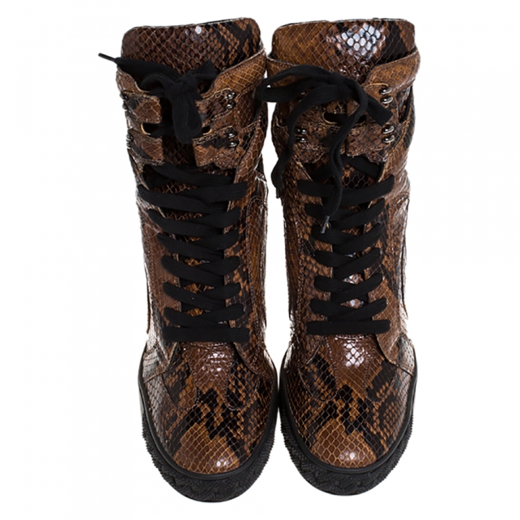 Pre Owned Casadei Brown/Black Python Embossed Leather Wedge Cut Out Chain Motif Buckle Ankle Boots Size 39