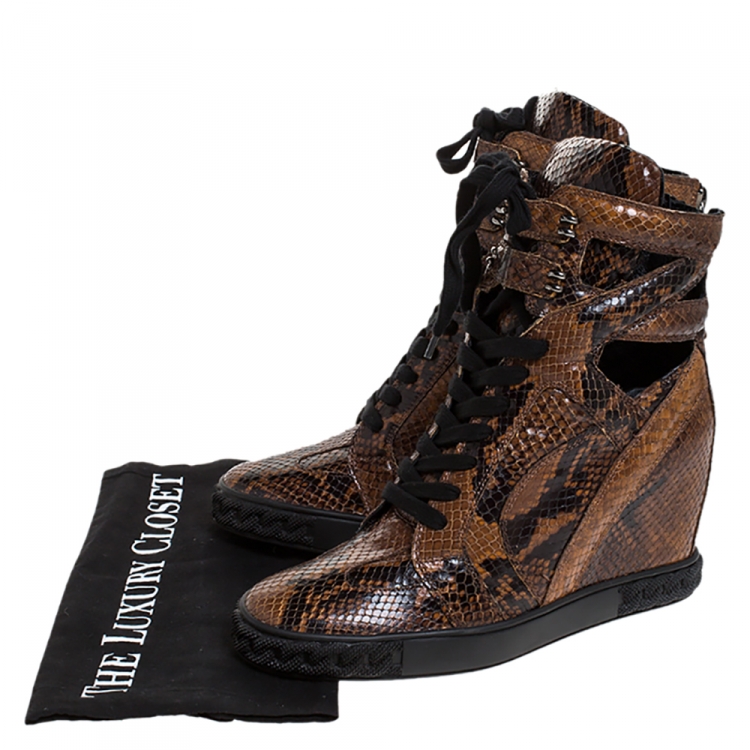 Pre Owned Casadei Brown/Black Python Embossed Leather Wedge Cut Out Chain Motif Buckle Ankle Boots Size 39