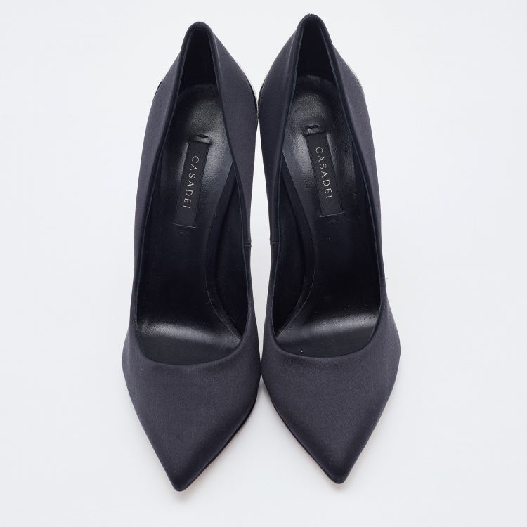 Pre Owned Casadei Black Satin Pointed Toe Pumps Size 38