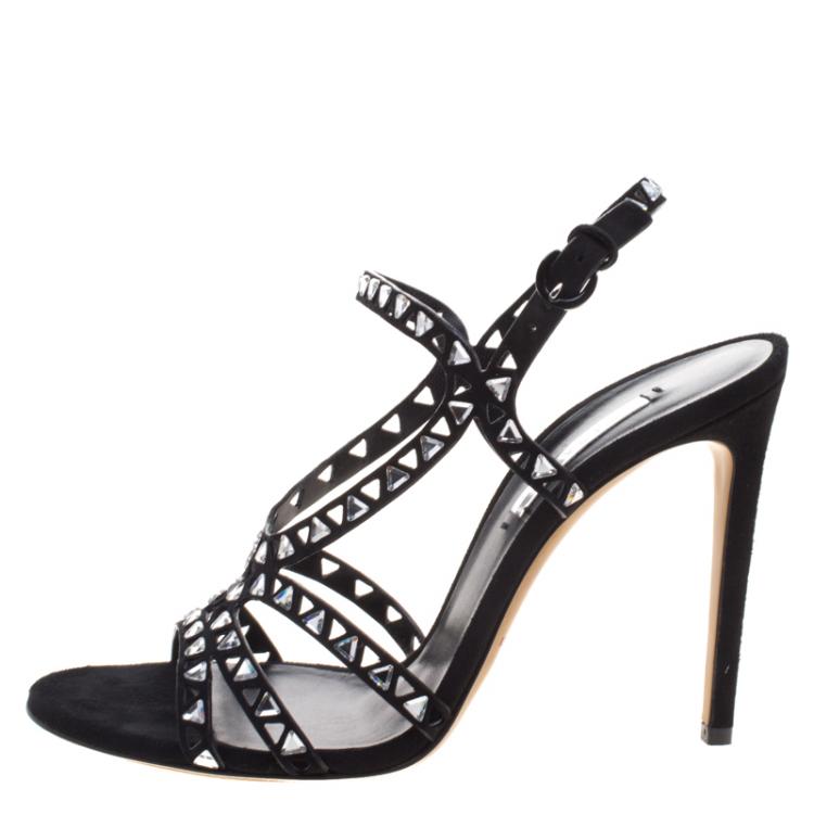 Pre Owned Casadei Black Crystal Embellished Cut Out Suede Sandals Size 39