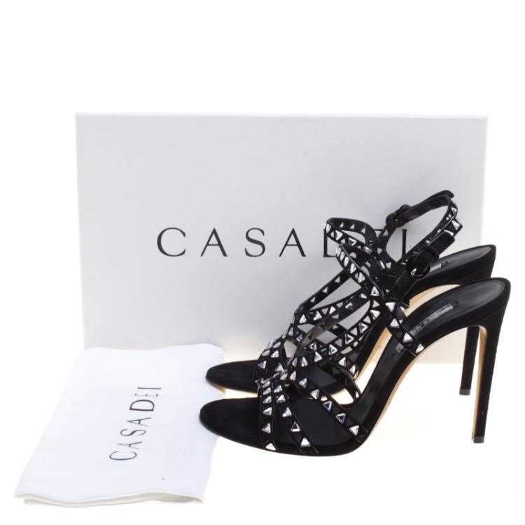 Pre Owned Casadei Black Crystal Embellished Cut Out Suede Sandals Size 39