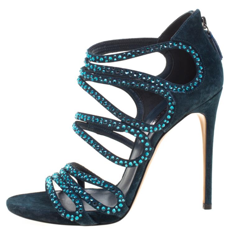 Pre Owned Casadei Emerald Green Crystal Embellished Suede Strappy Sandals Size 39
