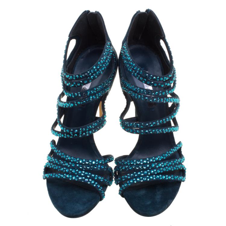 Pre Owned Casadei Emerald Green Crystal Embellished Suede Strappy Sandals Size 39