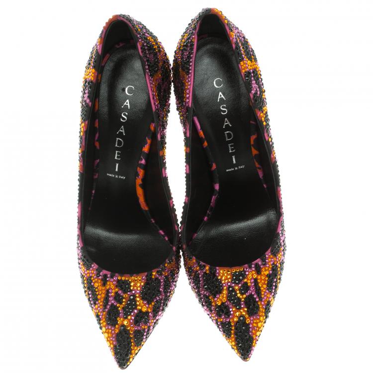 Pre Owned Casadei Multicolor Crystal Studded Animal Print Satin Jungle Pop Blade Heel  Pumps Size 36