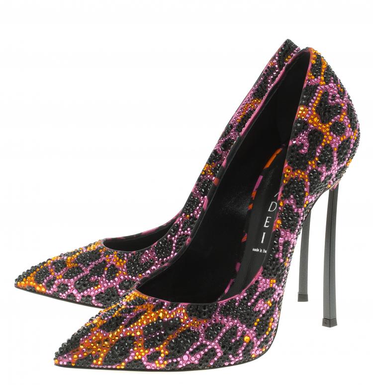 Pre Owned Casadei Multicolor Crystal Studded Animal Print Satin Jungle Pop Blade Heel  Pumps Size 36
