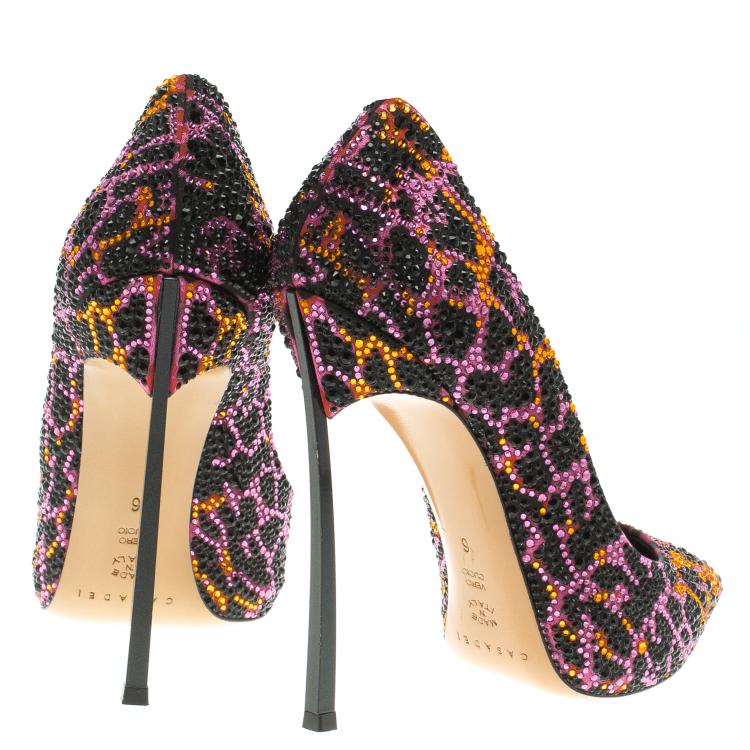 Pre Owned Casadei Multicolor Crystal Studded Animal Print Satin Jungle Pop Blade Heel  Pumps Size 36