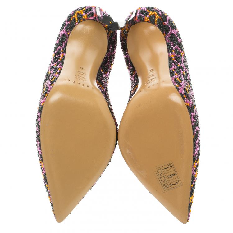 Pre Owned Casadei Multicolor Crystal Studded Animal Print Satin Jungle Pop Blade Heel  Pumps Size 36