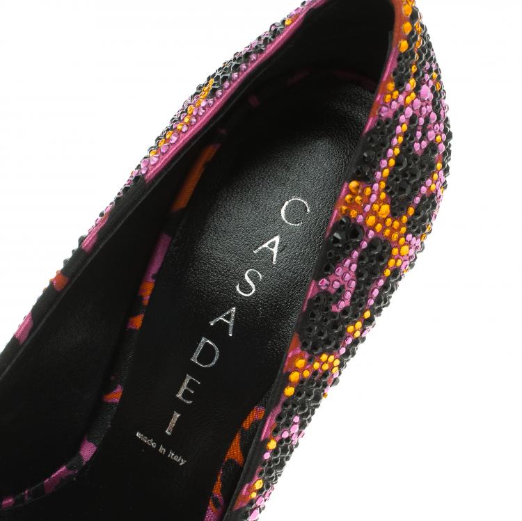 Pre Owned Casadei Multicolor Crystal Studded Animal Print Satin Jungle Pop Blade Heel  Pumps Size 36