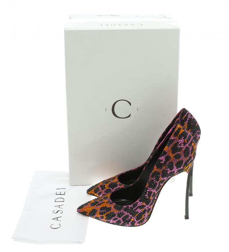 Pre Owned Casadei Multicolor Crystal Studded Animal Print Satin Jungle Pop Blade Heel  Pumps Size 36