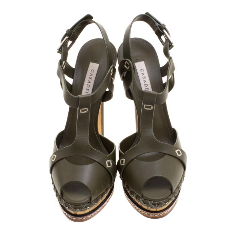 Pre Owned Casadei Olive Green Leather T-Strap Platform Sandals Size 36