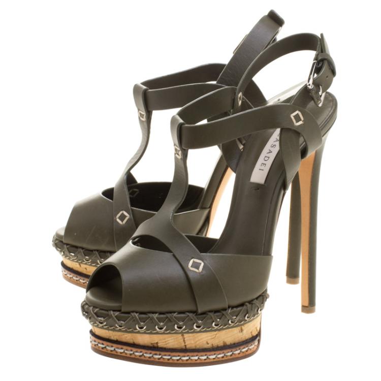Pre Owned Casadei Olive Green Leather T-Strap Platform Sandals Size 36