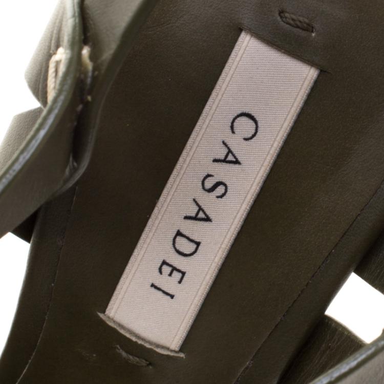 Pre Owned Casadei Olive Green Leather T-Strap Platform Sandals Size 36