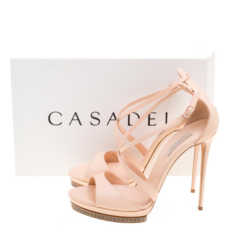 مملوكة مسبقًا Casadei Peach Leather Cross Strap Platform Sandals Size 40