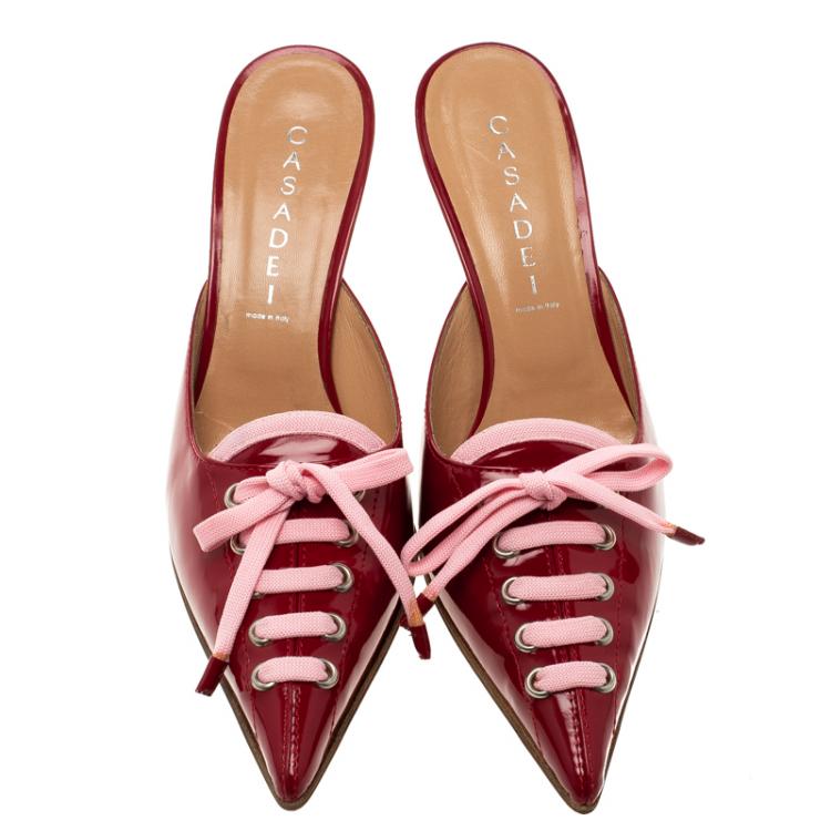 Pre Owned Casadei Red Patent Leather Lace Up Slip On Pointed Toe Sandals Size 38