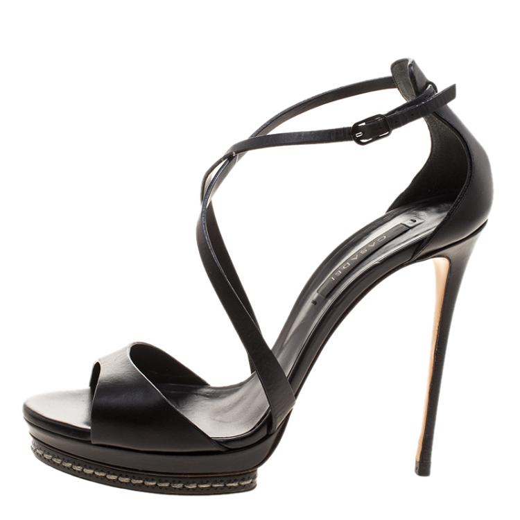 Pre Owned Casadei Black Leather Cross Strap Platform Sandals Size 37