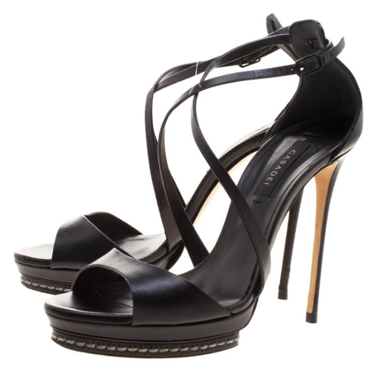 Pre Owned Casadei Black Leather Cross Strap Platform Sandals Size 37