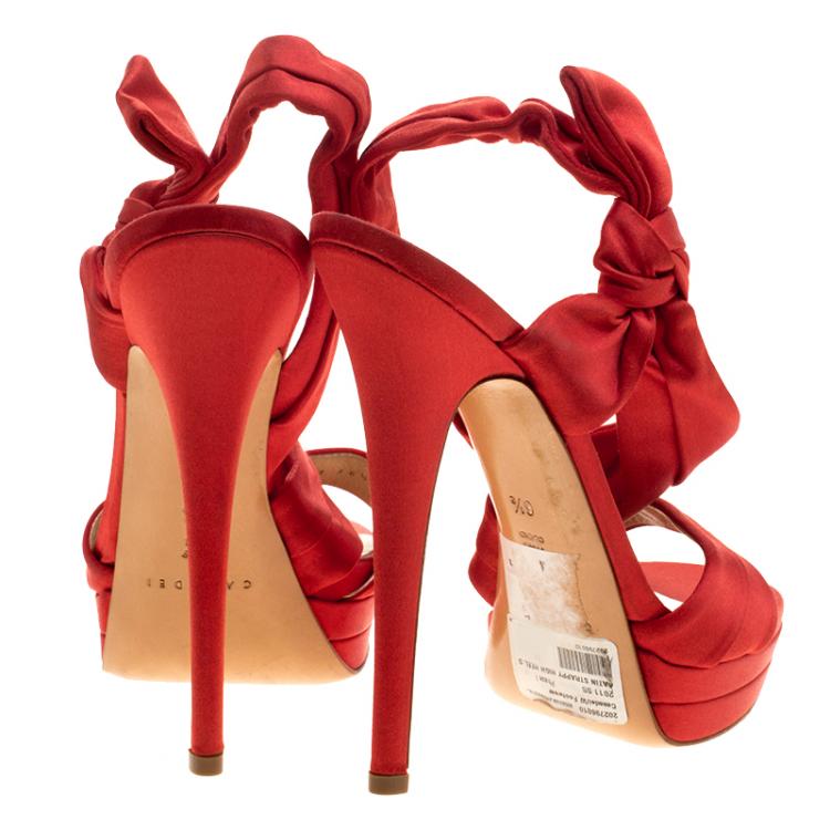 Pre Owned Casadei Red Satin Ankle Wrap Platform Sandals Size 