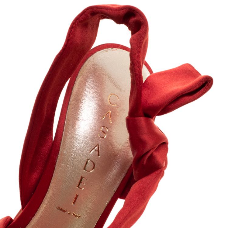 Pre Owned Casadei Red Satin Ankle Wrap Platform Sandals Size 