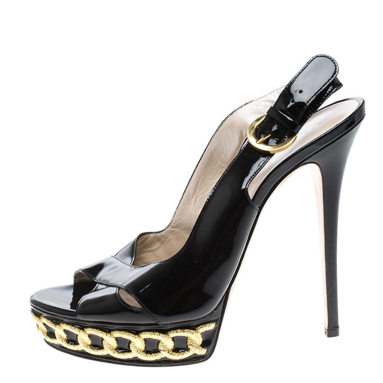 Pre Owned Casadei Black Patent Leather Chain Link Embossed Slingback Platform Sandals Size 40
