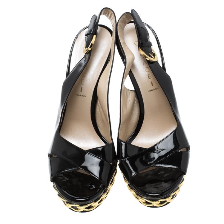 Pre Owned Casadei Black Patent Leather Chain Link Embossed Slingback Platform Sandals Size 40