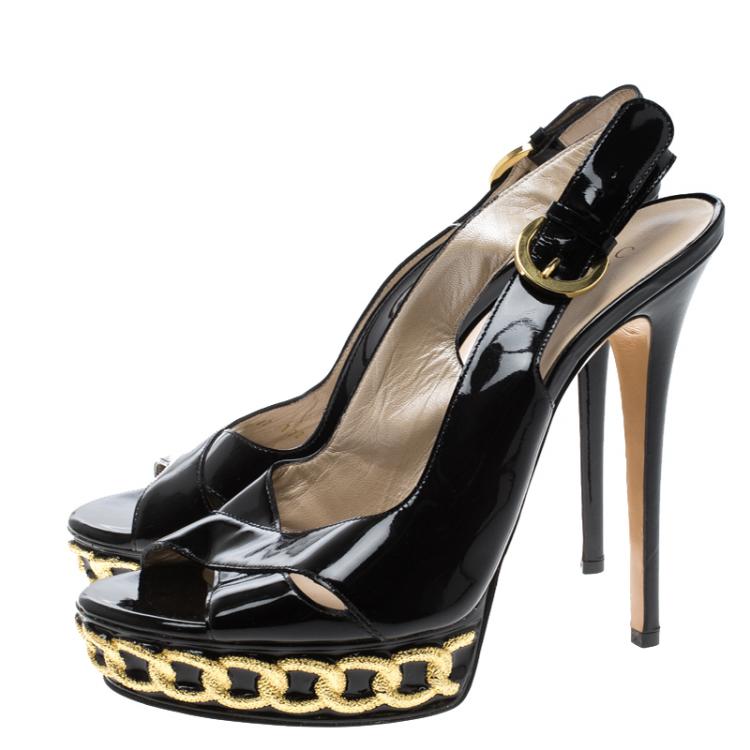 Pre Owned Casadei Black Patent Leather Chain Link Embossed Slingback Platform Sandals Size 40