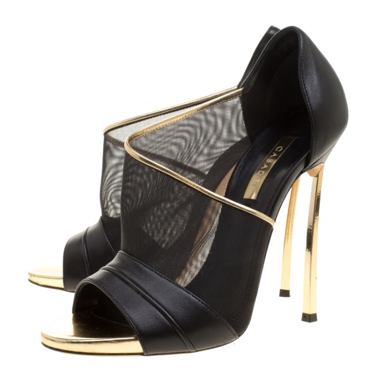 Pre Owned Casadei Black and Gold Leather and Mesh D'orsay Pumps Size 37