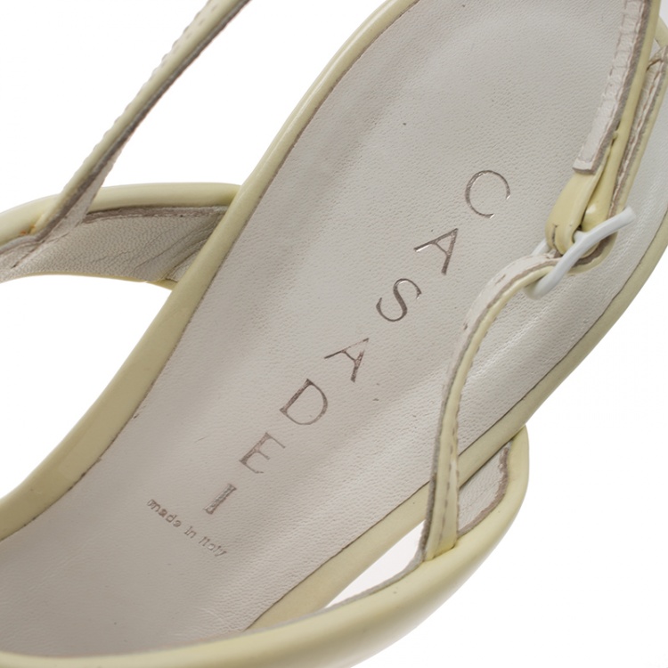 Pre Owned Casadei Cream Patent Leather Plexiglass Wedge Slingback Sandals Size 39