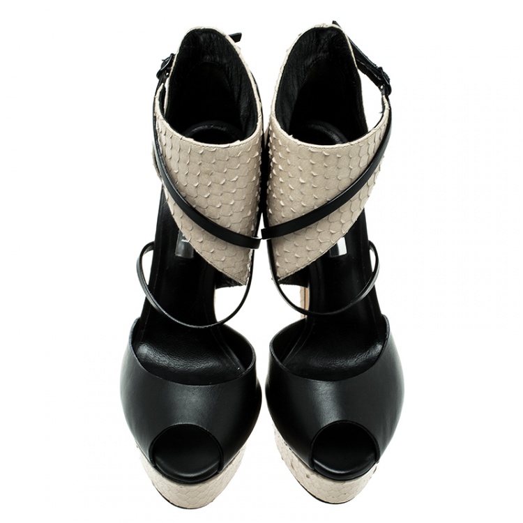 Pre Owned Casadei Beige And Black Python Effect Leather Ankle Cuff D'orsay Sandals Size 35