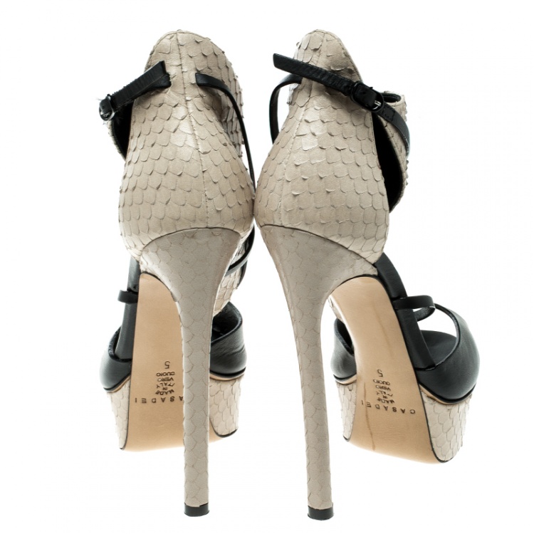 Pre Owned Casadei Beige And Black Python Effect Leather Ankle Cuff D'orsay Sandals Size 35