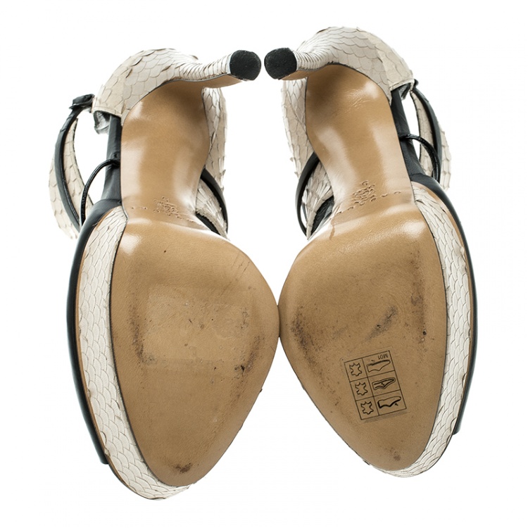 Pre Owned Casadei Beige And Black Python Effect Leather Ankle Cuff D'orsay Sandals Size 35