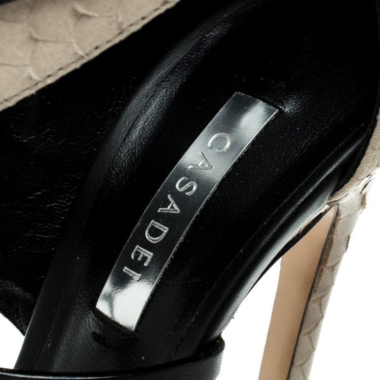 Pre Owned Casadei Beige And Black Python Effect Leather Ankle Cuff D'orsay Sandals Size 35