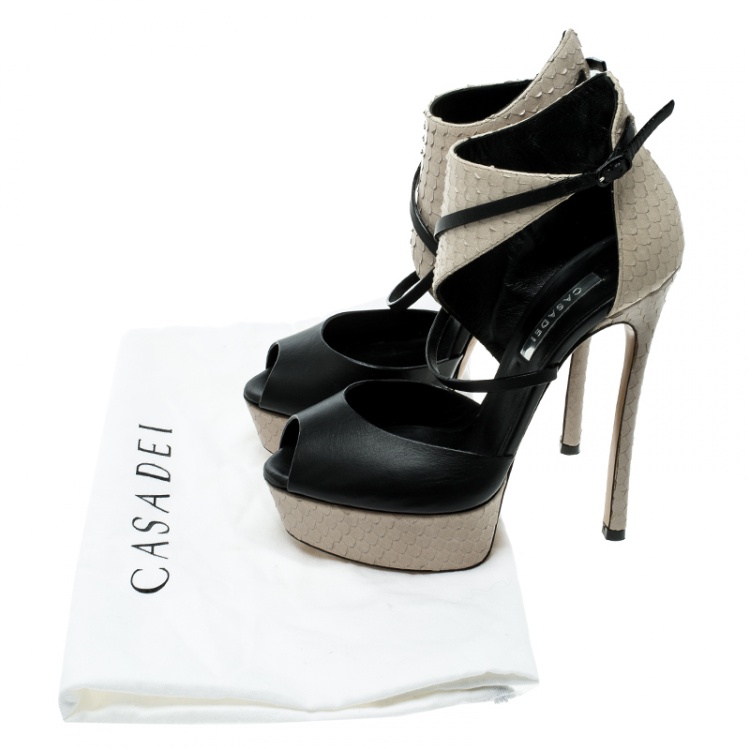 Pre Owned Casadei Beige And Black Python Effect Leather Ankle Cuff D'orsay Sandals Size 35