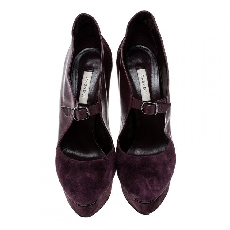 Pre Owned Casadei Bordeaux Suede and Leather Buckle Platform Pumps Size 40